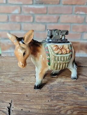 Vintage MCM 1950's Ceramic Donkey Table Lighter in Brown and Cream